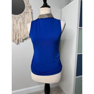 Women's vintage y2k Moa Moa Royal Blue Glam Gold Chain High Neck Going Out Top S
